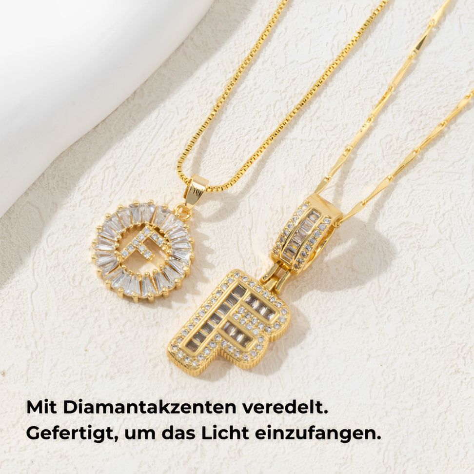 2 Stück 14-Karat-Diamant-Buchstaben-Anfangshalsketten